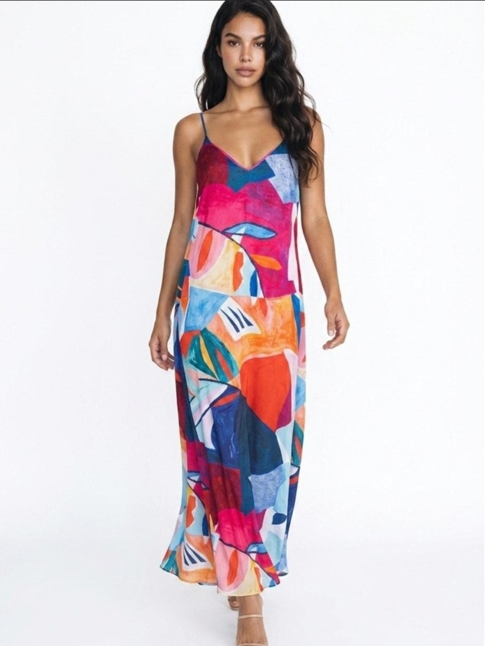 Nicole Miller New York matte charmeuse satin maxi dress- Pink, Blue & Orange